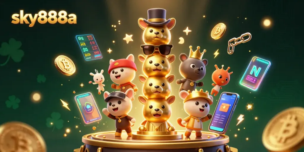 Experience thrilling gaming at sky888a, featuring vibrant 3D characters and dynamic cryptocurrency elements.