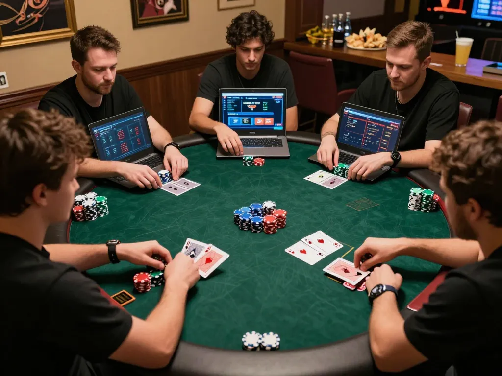 KK55 players engaged in an online poker game showcasing strategic gameplay and vibrant chips.