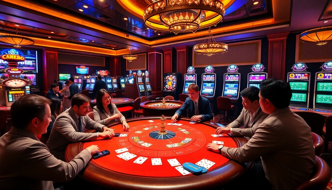 Engage in an exciting casino moment with CM88 poker chips and vibrant games in a lavish setting.
