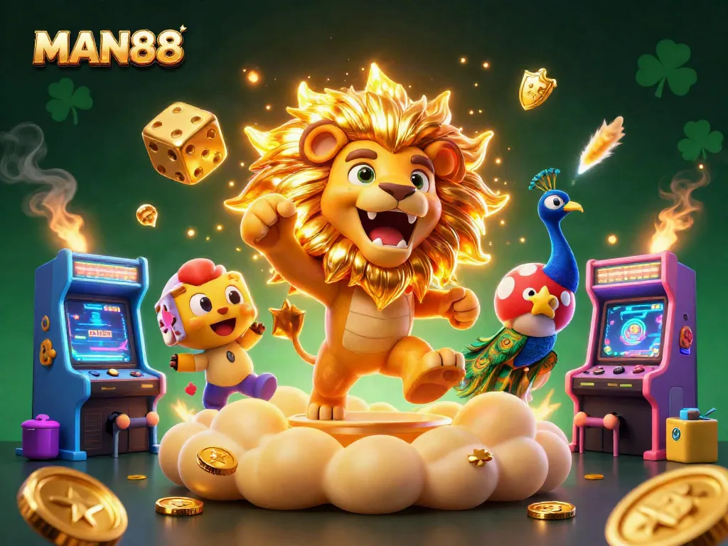 MAN88 showcases a vibrant casino atmosphere with a roaring sun lion and lively gaming elements.