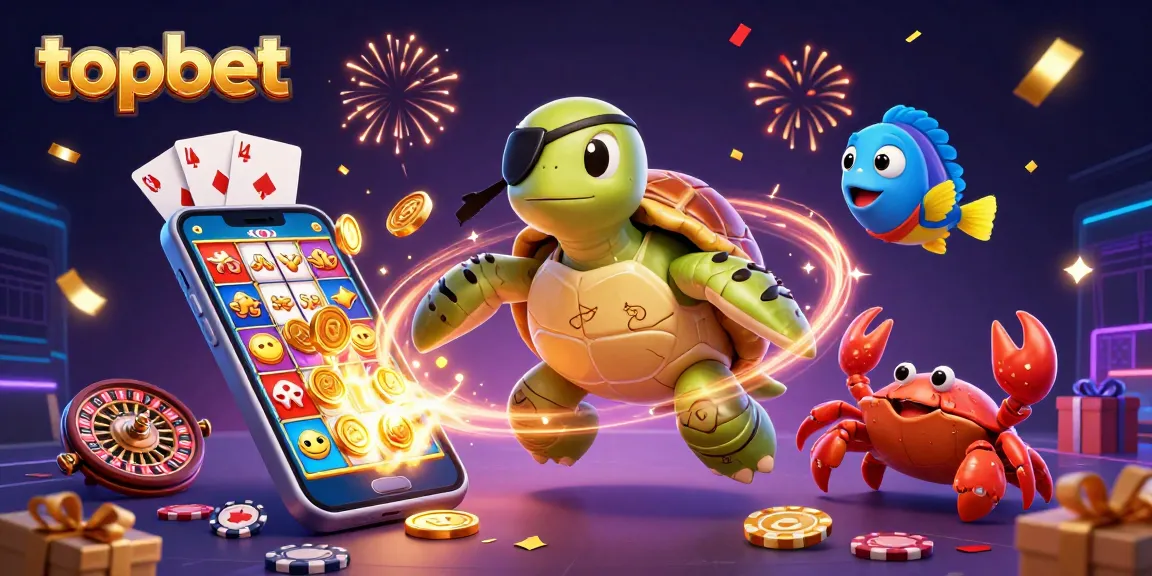 Engage in thrilling gameplay at topbet with a vibrant 3D casino scene featuring exciting slots and treasures.