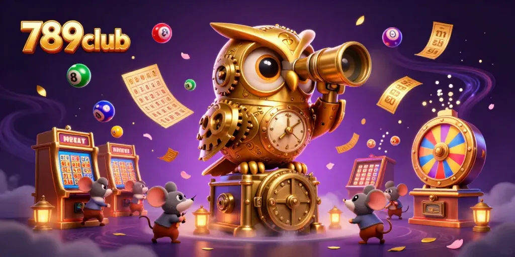 Experience the excitement of 789club with a dynamic 3D casino scene showcasing a golden owl, lively slot machines, and colorful lottery activities.