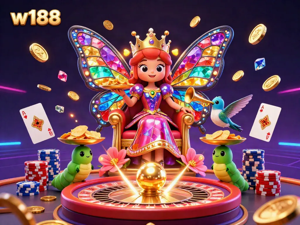 Experience the thrill of w188 with a vibrant 3D casino scene featuring dynamic characters and stunning game elements.