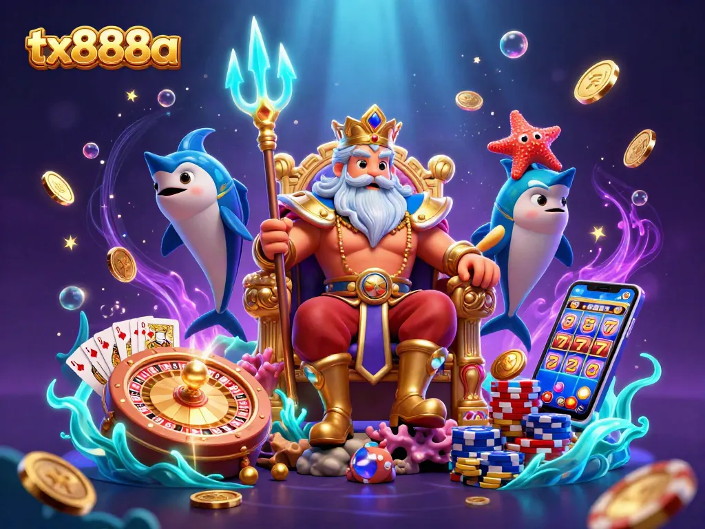 Experience the excitement of tx888a as Neptune and companions surrounded by casino elements spark joy and winning moments