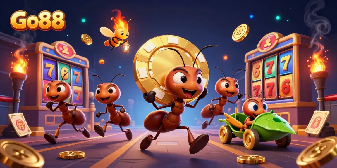 Go88 adventure unfolds as ants carry a giant poker chip in a lively casino-themed scene.