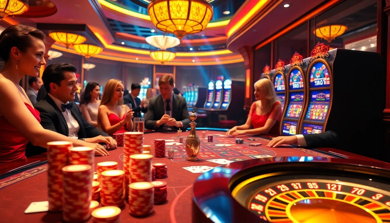 Excited players engaging in card games and roulette at rr 88 casino, showcasing a luxurious gambling experience.