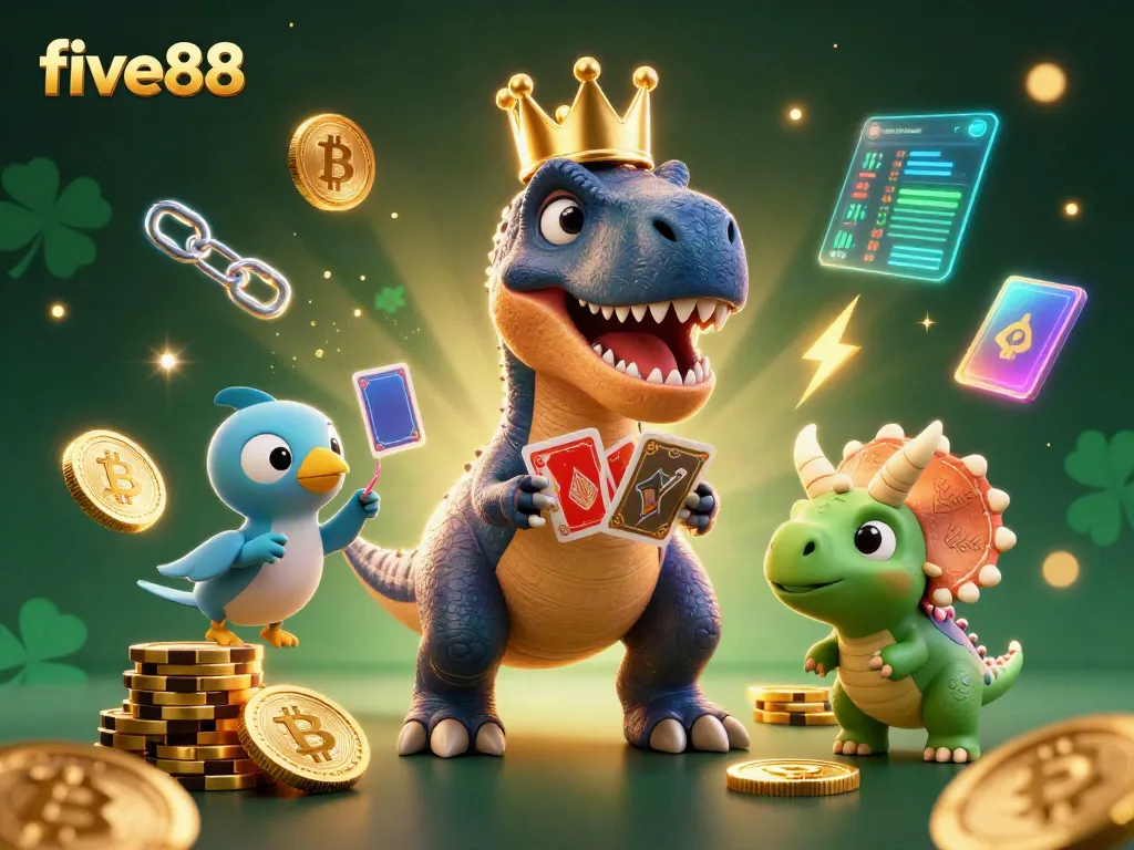 Engage with the five88 casino experience through fun dinosaur caricatures playing cards and stacking chips.