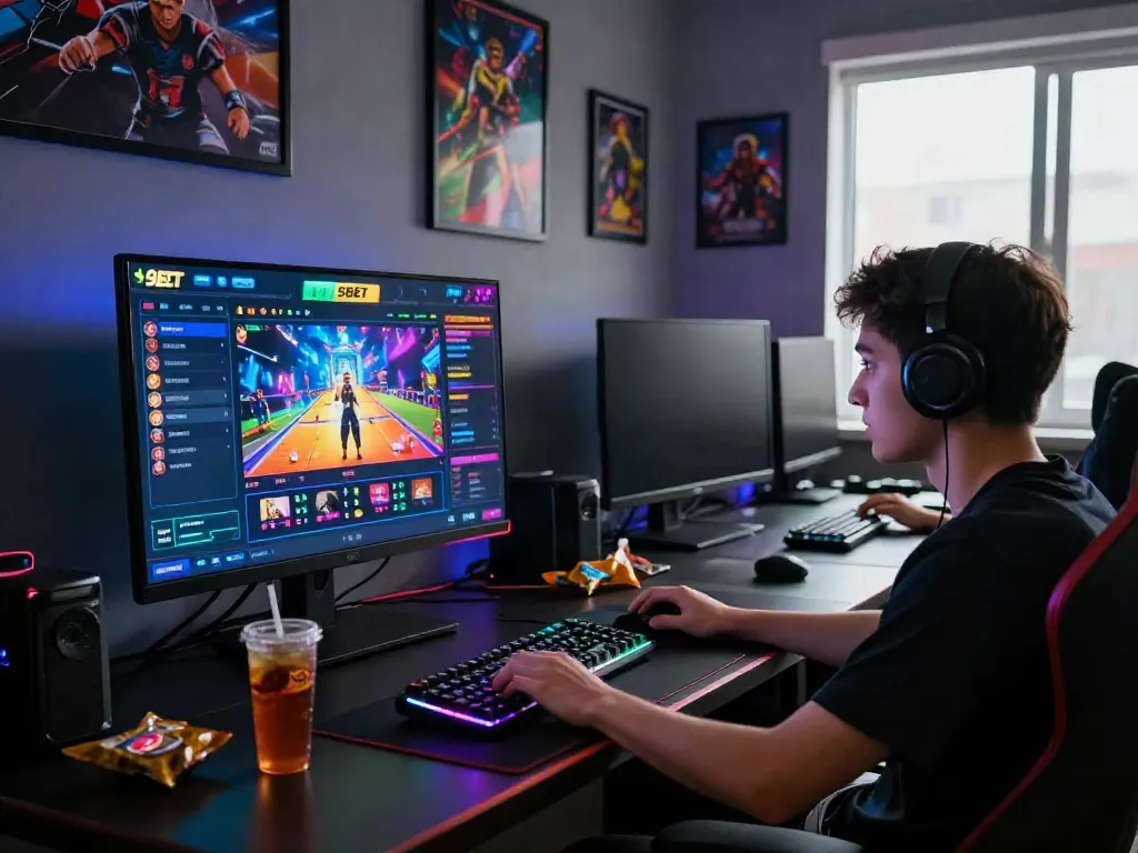 Dynamic gaming atmosphere on https://9bet.ru.com/ featuring a player immersed in online casino gameplay.