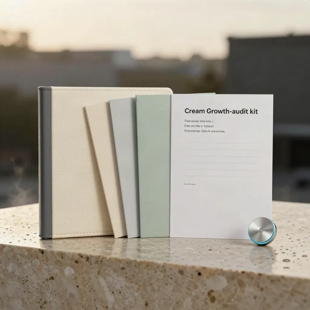 Cream growth-audit kit with binder, tabbed cards and metallic token on rain-damp stone.