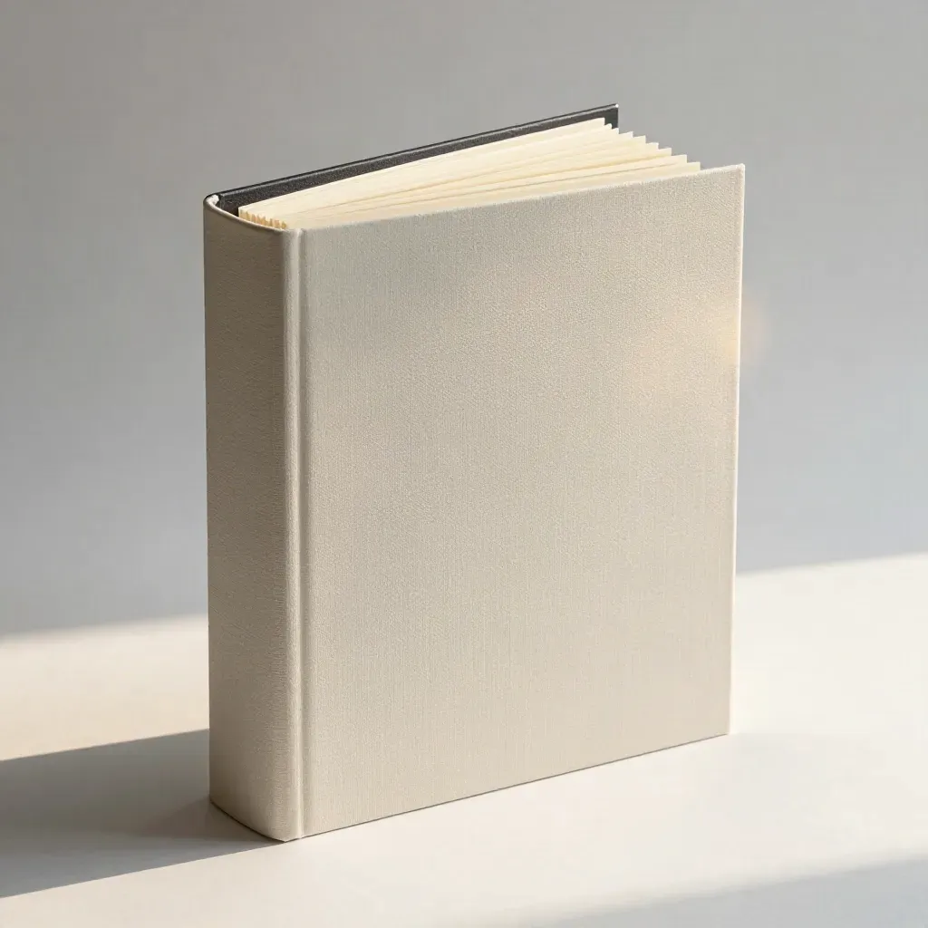Floating SEO audit binder with tab cards and stone weight on pale plaster