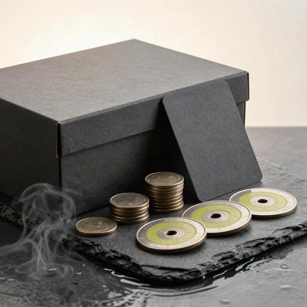 Graphite PPC review box, coin stacks, target discs and a folded sleeve on wet slate with steam.