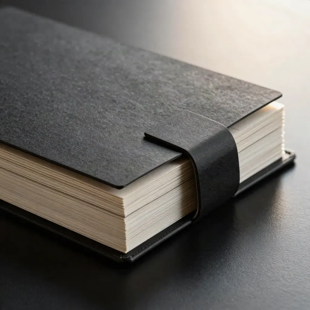Stacked charcoal planning folders on a matte-black surface with cool rim light and haze.