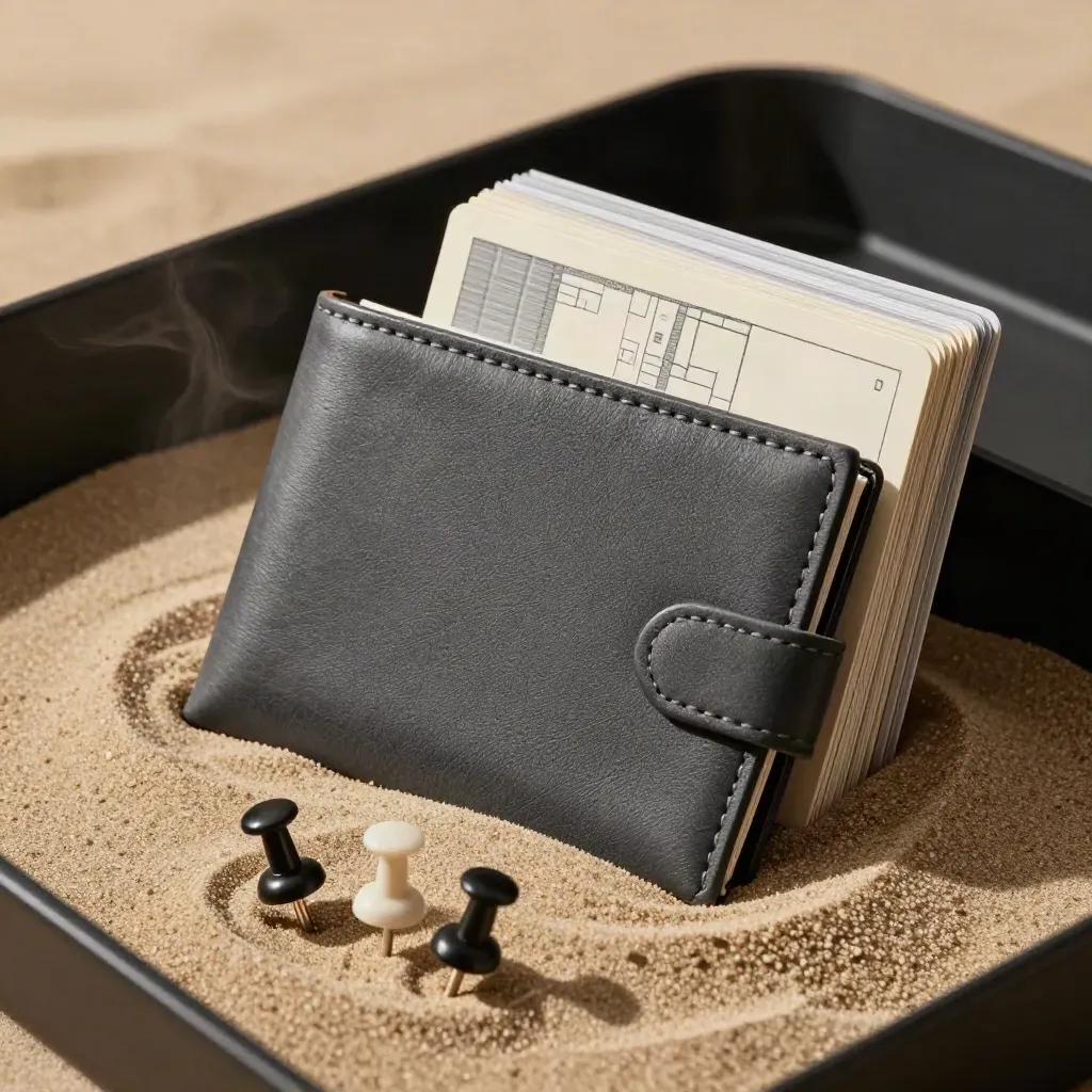 Charcoal local SEO folio in sand with map-pin tokens and a folded card stack, lit dramatically.