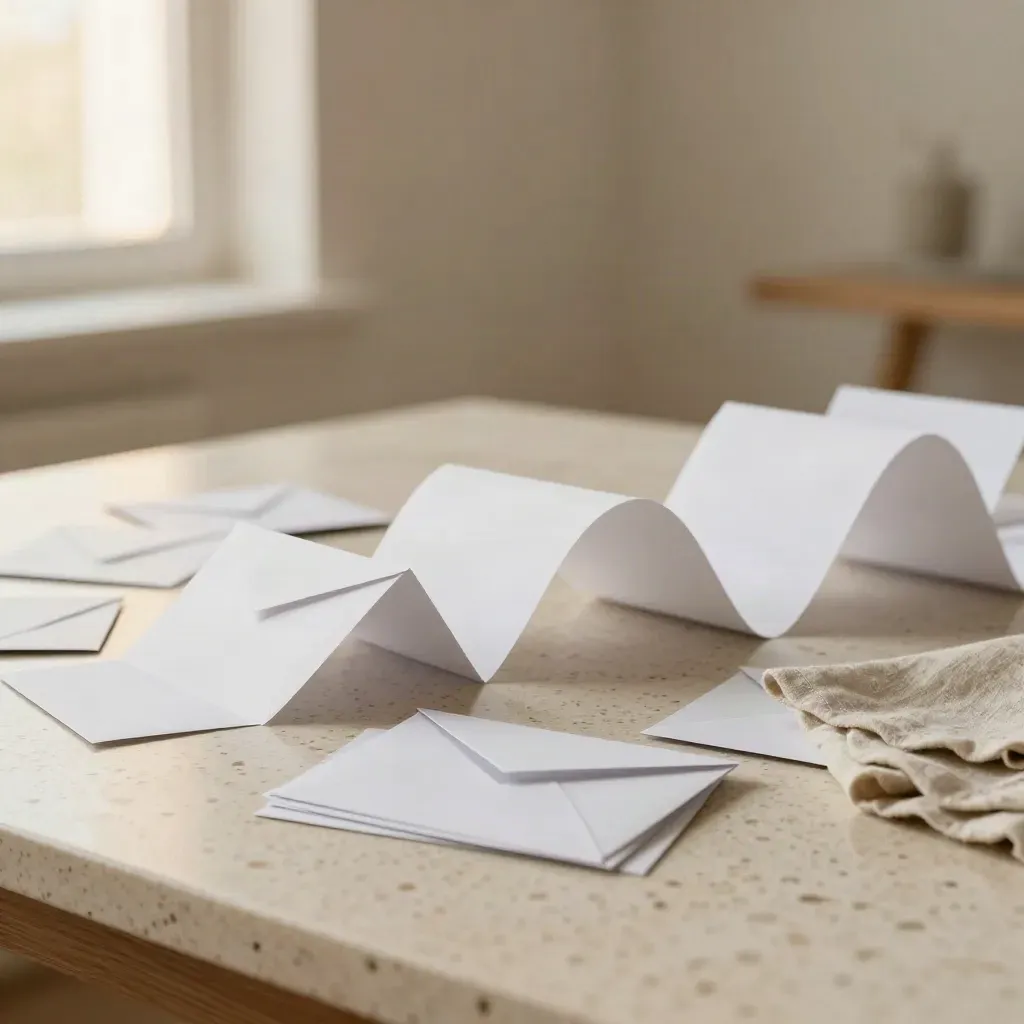 Paper-flow sculpture with card tiles and cloth fold on travertine, in soft studio light.