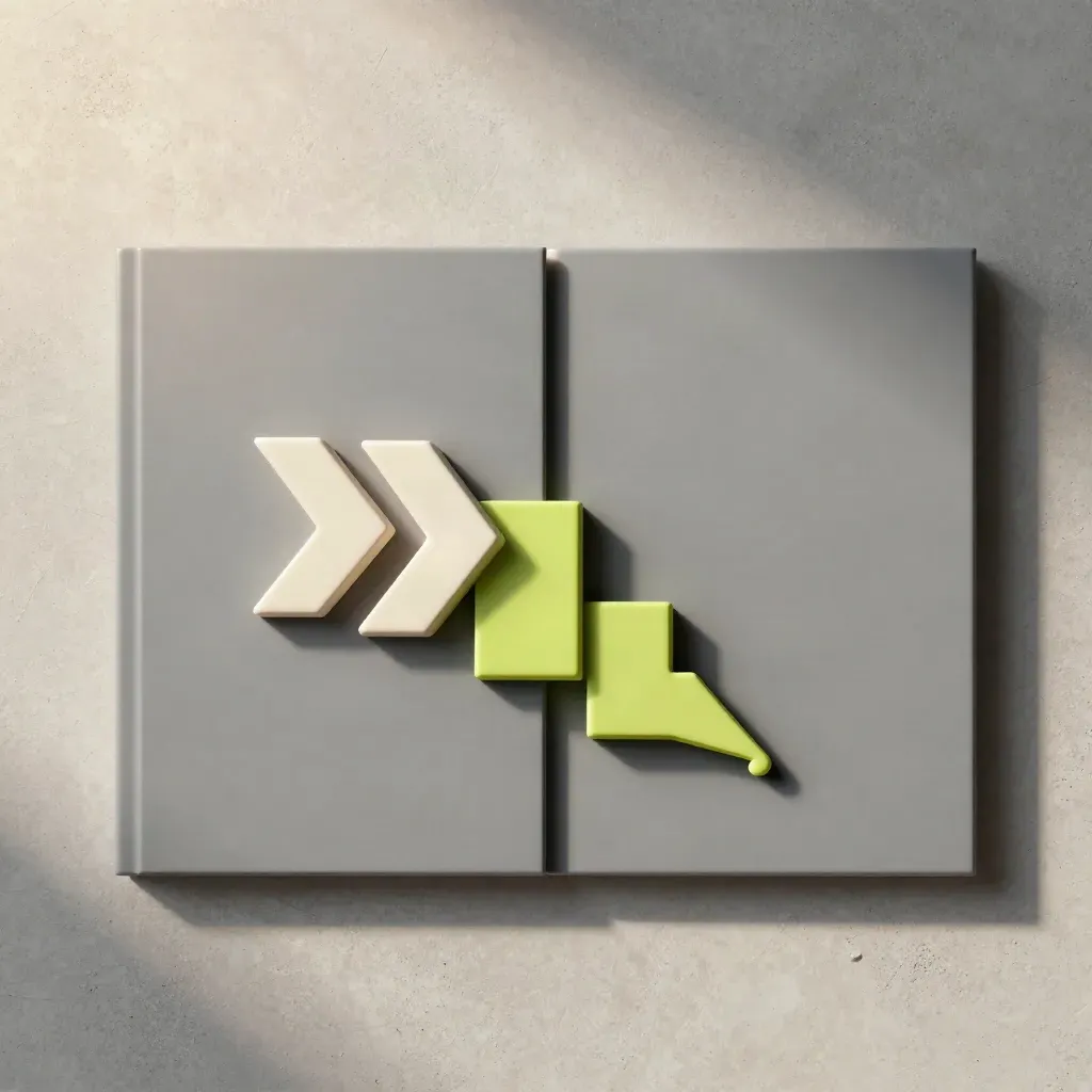 Split-test marketing kit with panels, arrows and a funnel on concrete, muted lime accents