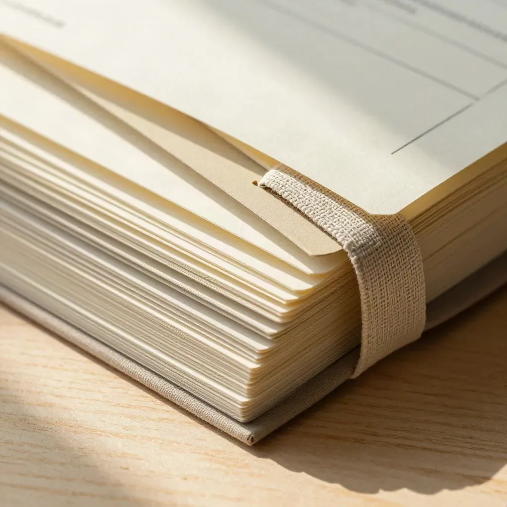 Macro of blank planning cards and a linen-bound spine fanned over pale wood.