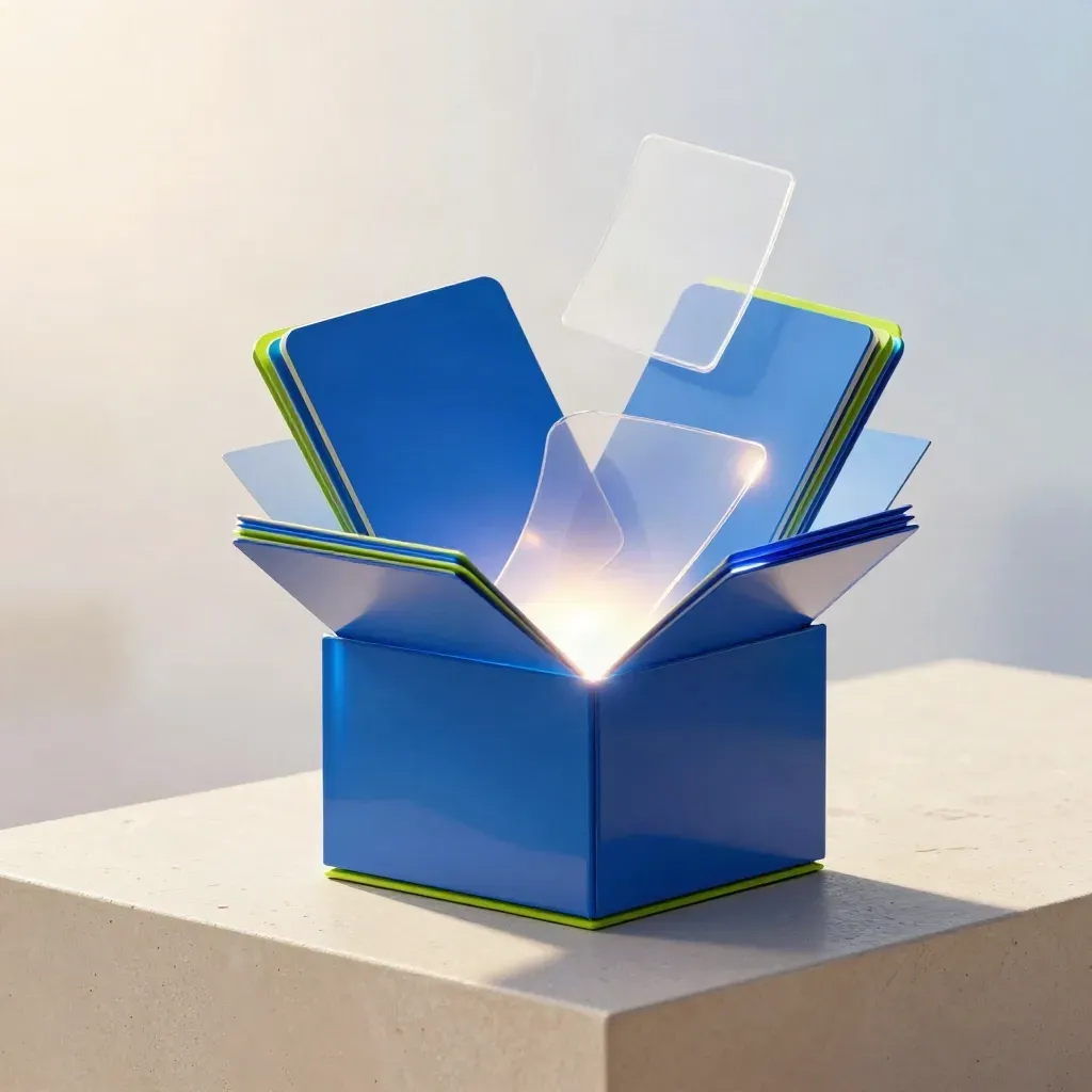 Blue and lime campaign cards bursting from a glowing box on a pale plaster plinth.