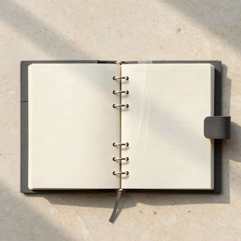 Overhead flatlay of an SEO content-planning folio with tabs and cards on travertine.