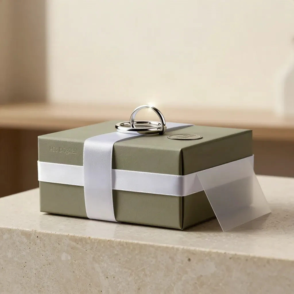 Sealed shopping pack with rings, boxes and a token on a pale stone plinth