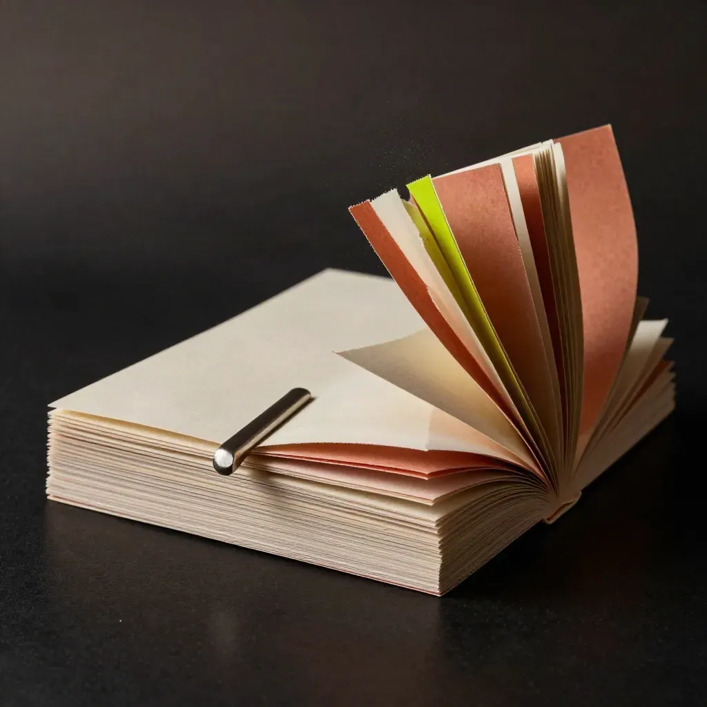 Macro of blank copy sheets, metal baton, torn cards and paper dust on matte black.