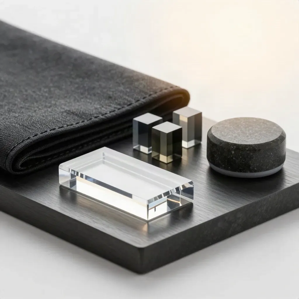 Macro acrylic health-check block beside charcoal sleeve, data cubes and stone weight.