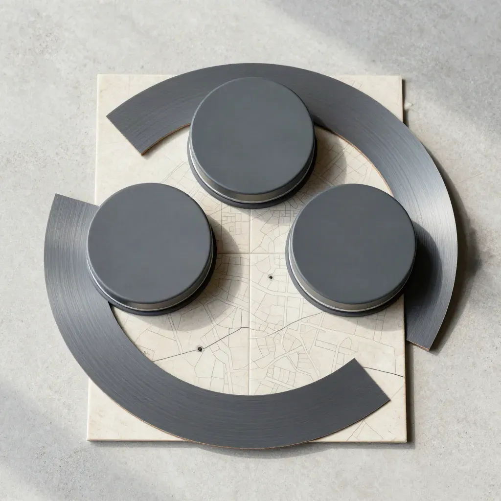 Overhead flatlay of a charcoal map-boost kit with three markers and a folded city tile on concrete.