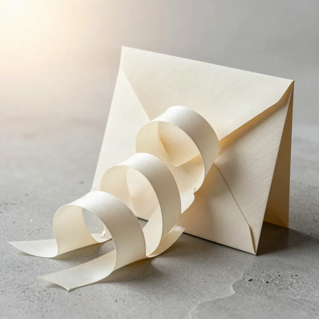 Macro of cream paper envelope loops with linen backing and a sealed card block on concrete.