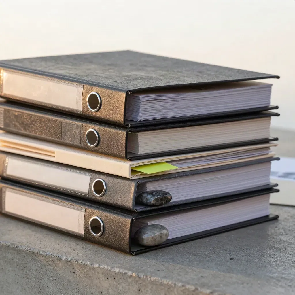 Stacked binders, folders and a stone paperweight on a concrete plinth.