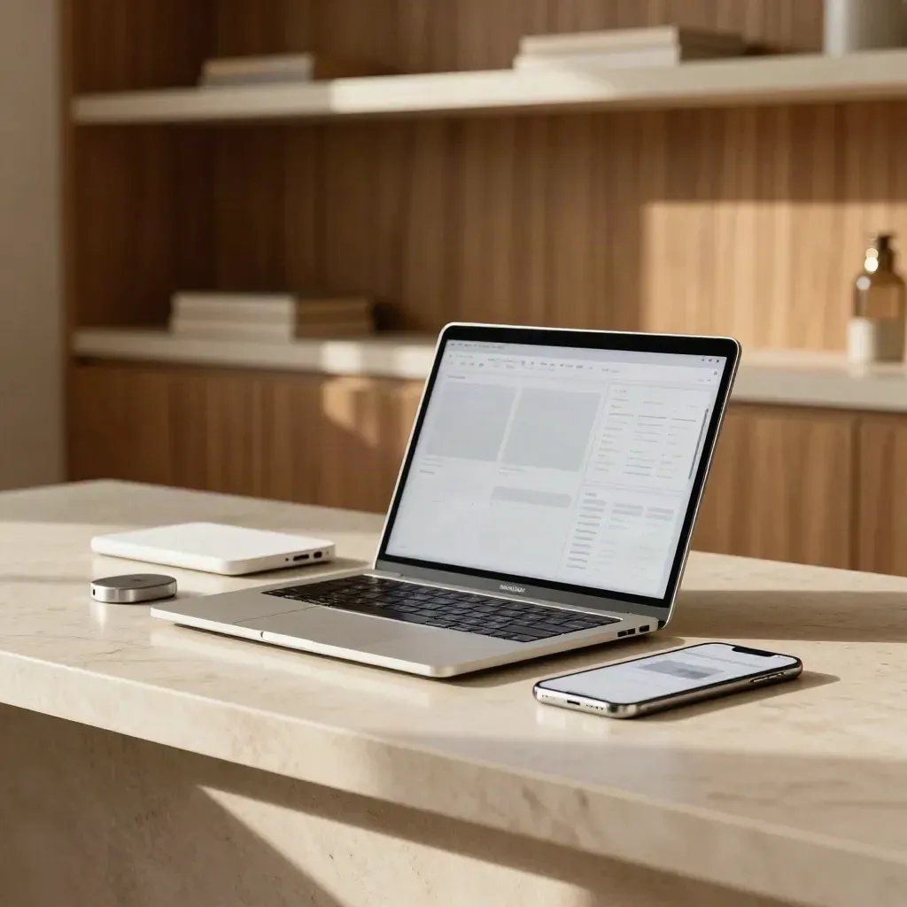 Sunlit marble worktop with laptop and tablet, warm oak wall, blurred shelves, calm copy space