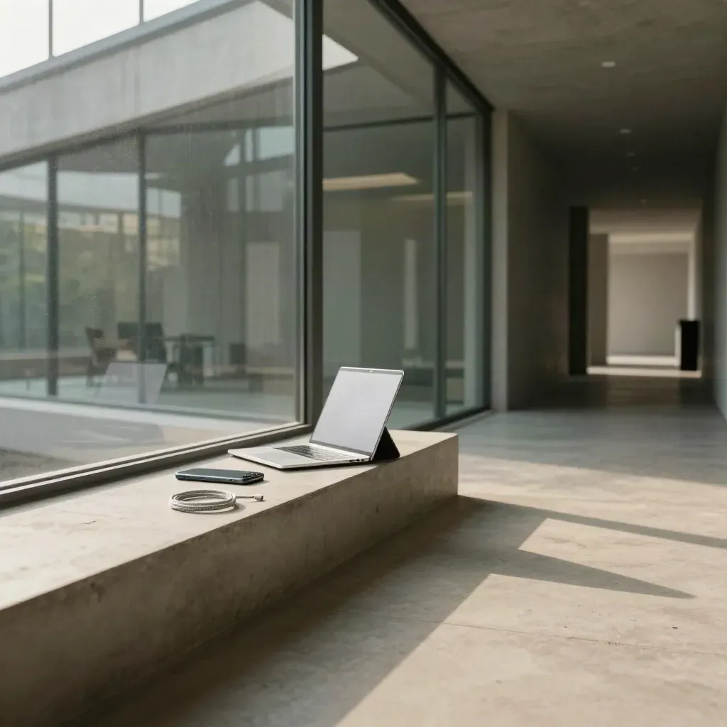 Concrete studio corner with laptop, tablet stand and glass corridor in soft morning light