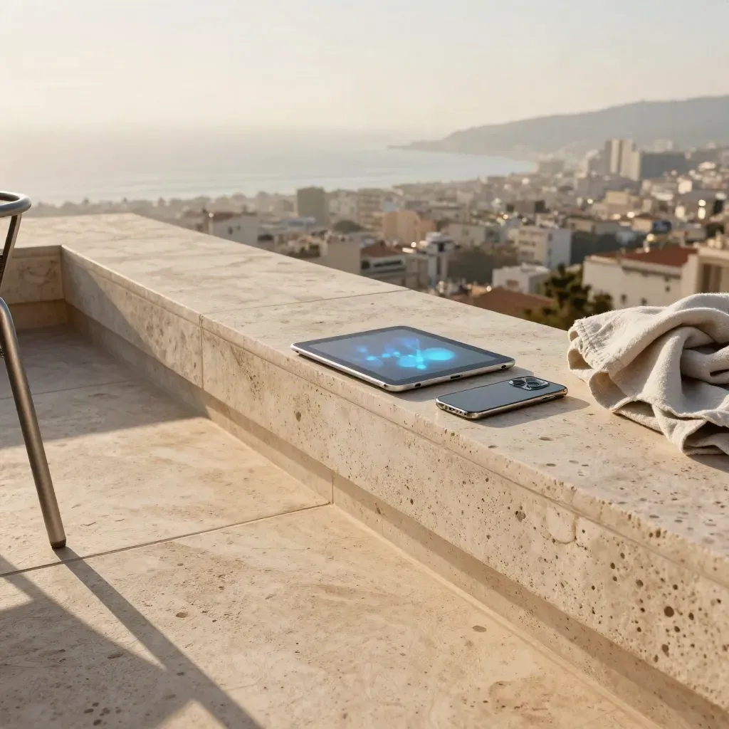 Sunlit travertine rooftop terrace above a hazy city, with sleek analytics devices and calm stone space.