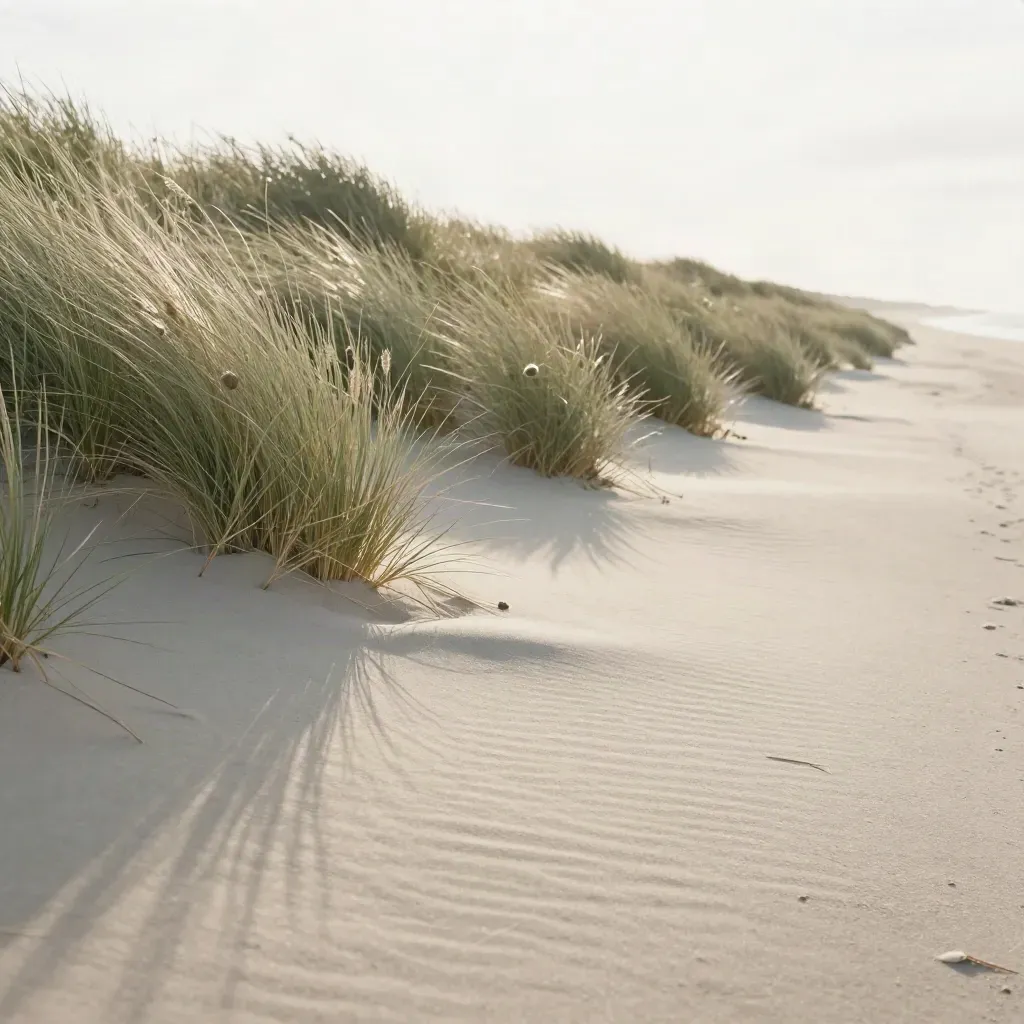 Coastal dune edge with cream grass, pale sand and a soft green hedgerow under a hazy sky.