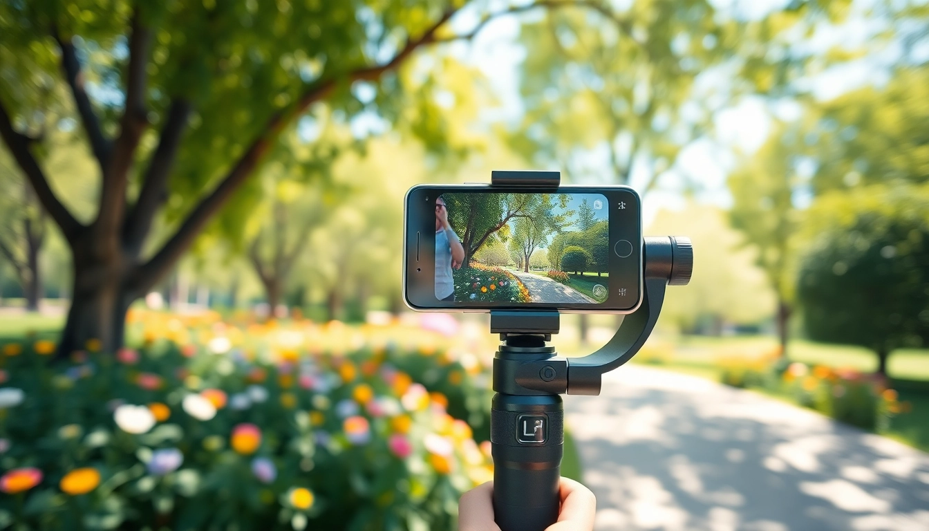 A smartphone gimbal stabilizing outdoor video footage in a vibrant park setting.