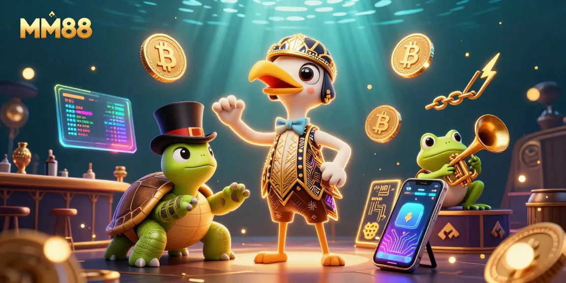 Bet on MM88 at a vibrant speakeasy with animated casino characters, glowing crypto elements, and rich details