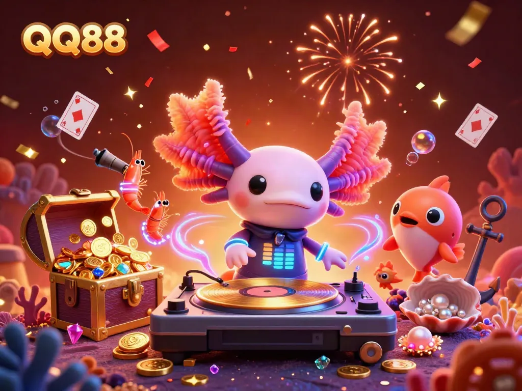 Experience the vibrant energy of QQ88 with a neon axolotl DJ and lively sea creatures at an underwater casino party.