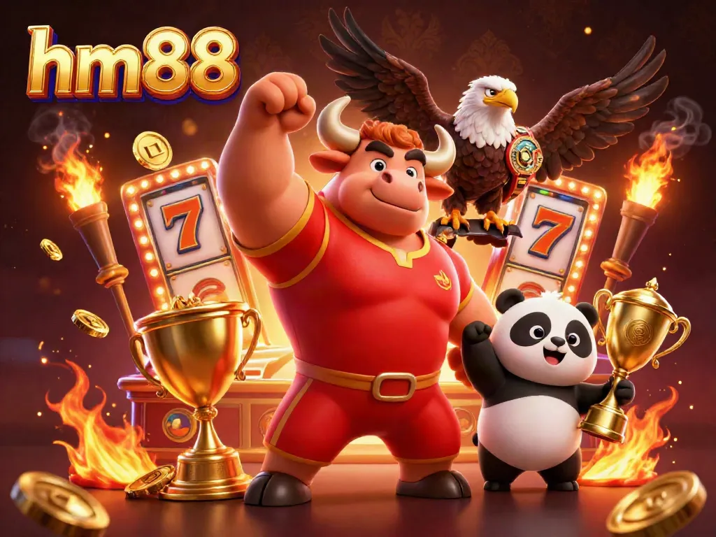 Experience the thrill of hm88 with a dynamic and festive casino atmosphere illustrated through cartoon mascots and vibrant gaming elements.