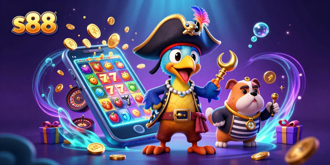 Engage in thrilling gameplay with s88's vibrant 3D casino scene filled with slots and colorful characters.