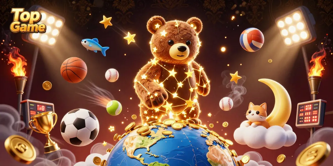 Experience Top Game excitement with a dynamic 3D illustration of a constellation bear and sports elements.