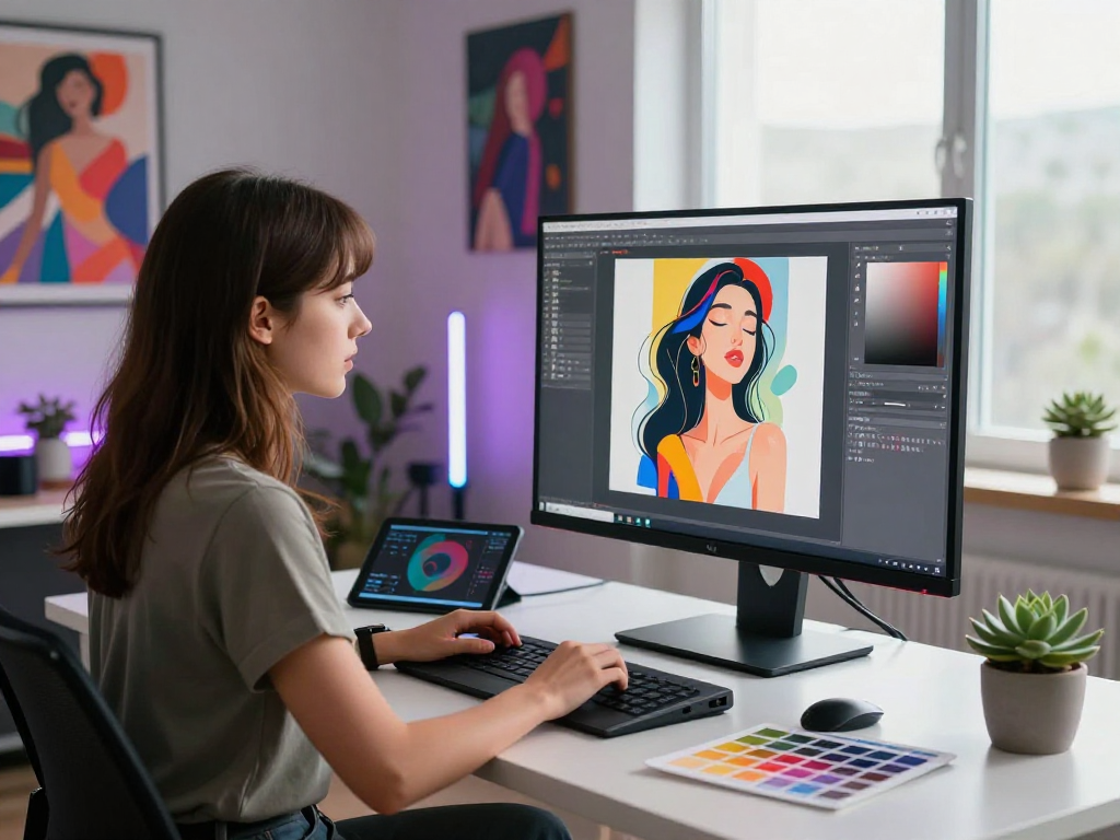 Creating AI NSFW content in a vibrant digital studio with a designer immersed in abstract artwork.