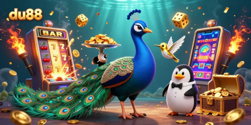 Experience the excitement of du88 with vibrant 3D casino characters and elements celebrating a jackpot win.