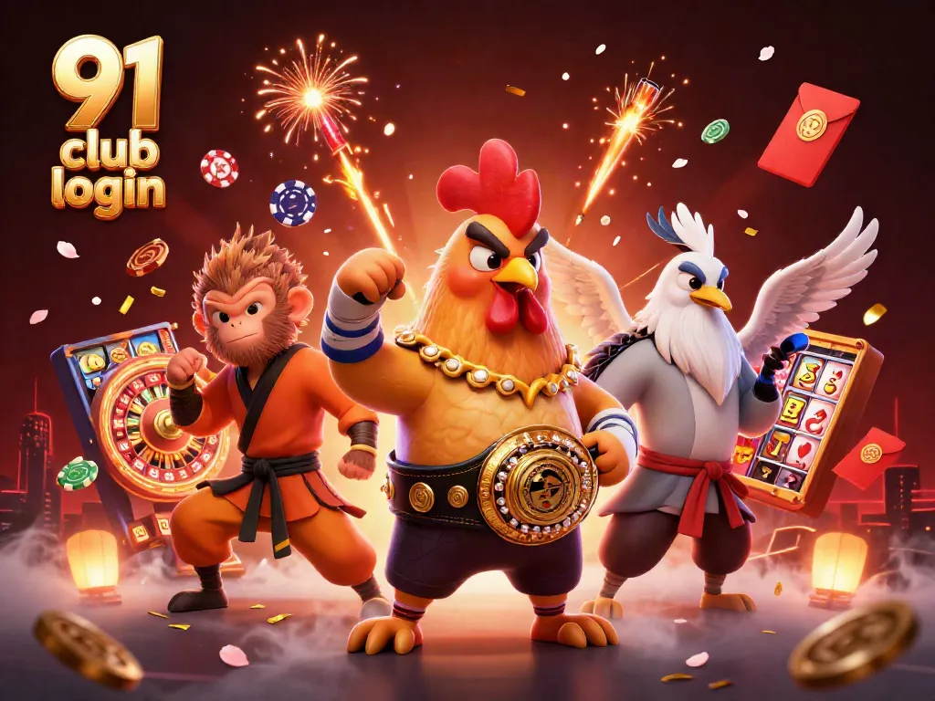 Engage with the 91 club login through a vibrant scene of classic casino elements and animated characters.