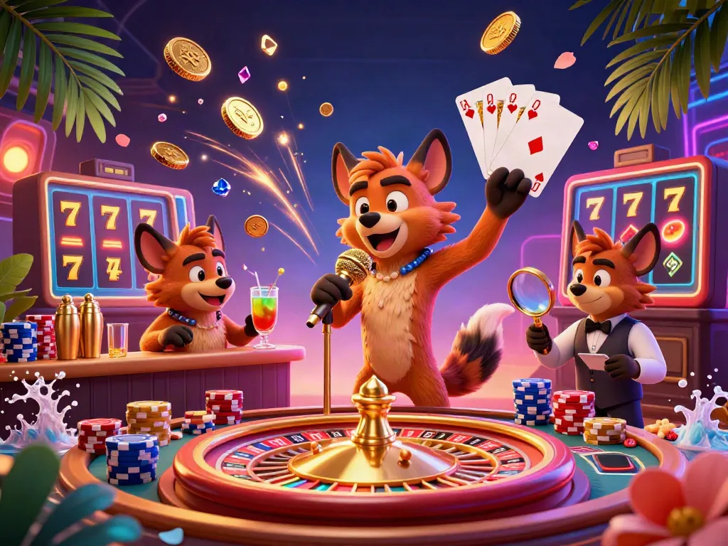 Hyenas entertain at a comedy casino, featuring golden assets and vibrant gaming elements for oldsouthendianhockeyclub.