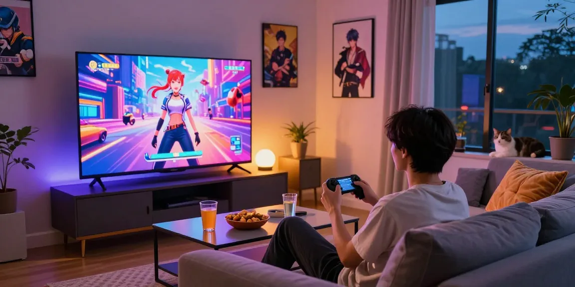 Engaging player immersed in a hentai game experience at home.