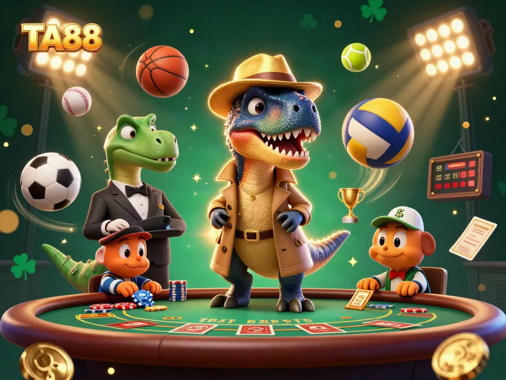 TA88 velociraptor card counter at a blackjack table among animated sports elements in an exciting casino scene.