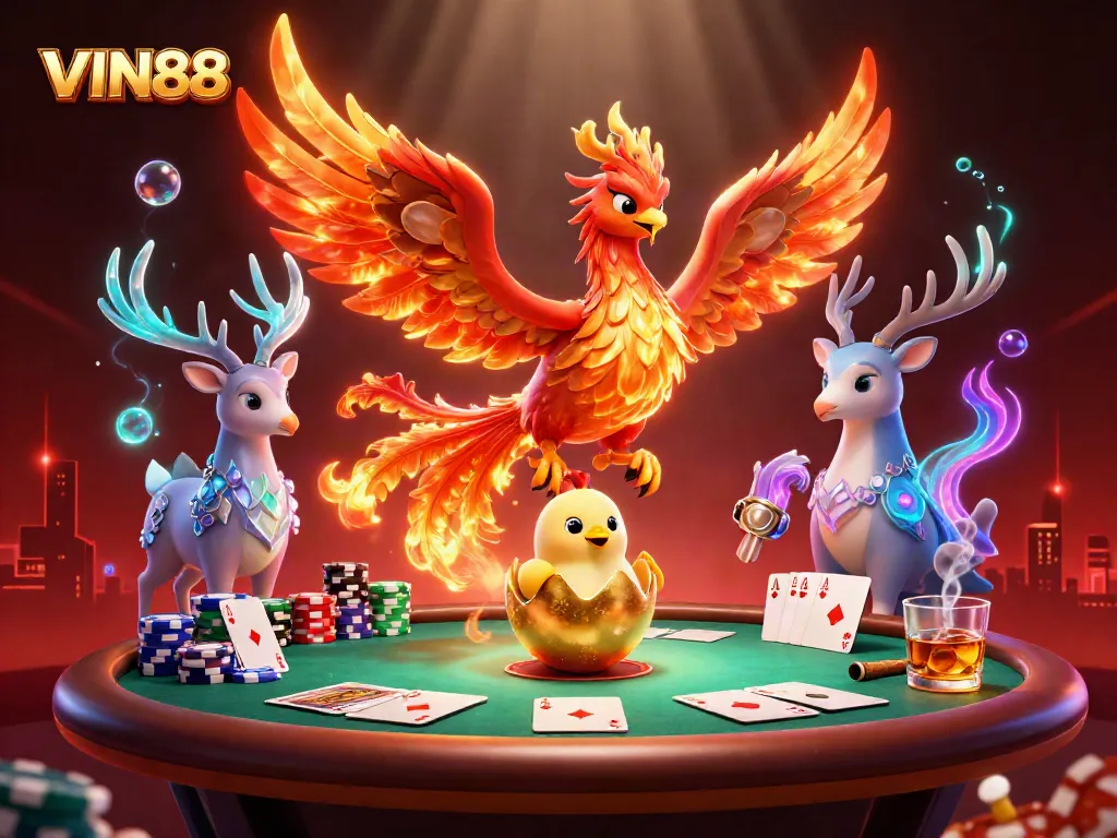 Engage with VIN88 for card games at a dazzling poker scene featuring a phoenix and stag.