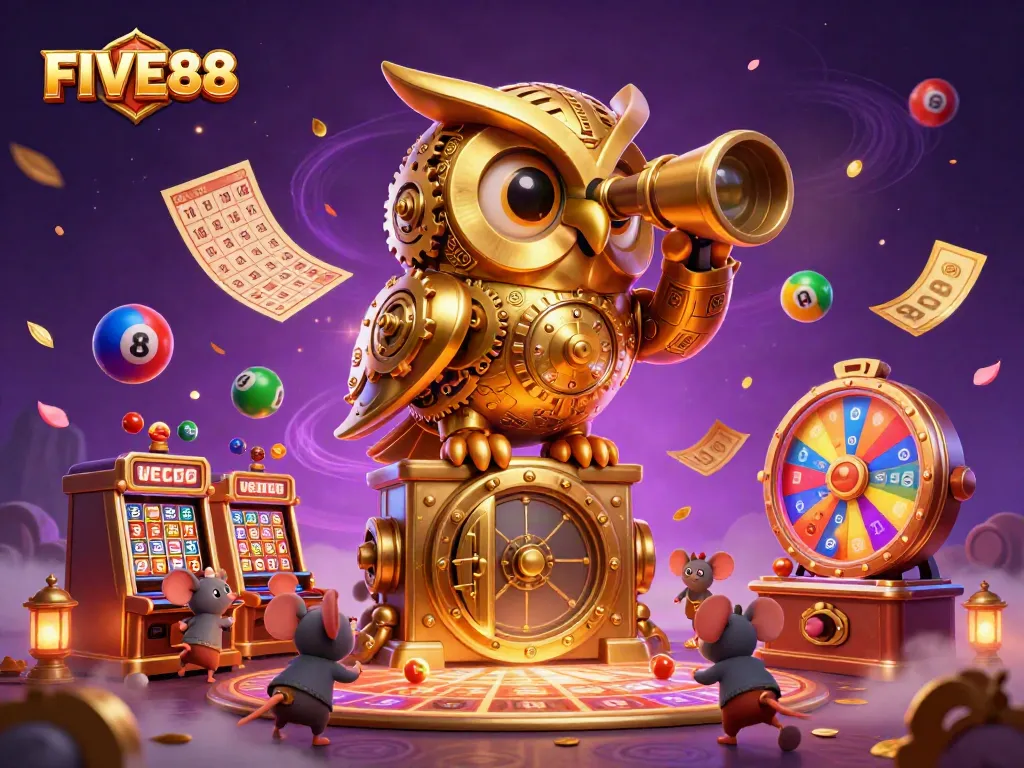 Experience thrilling gameplay with FIVE88 as a golden owl oversees a vibrant casino scene.
