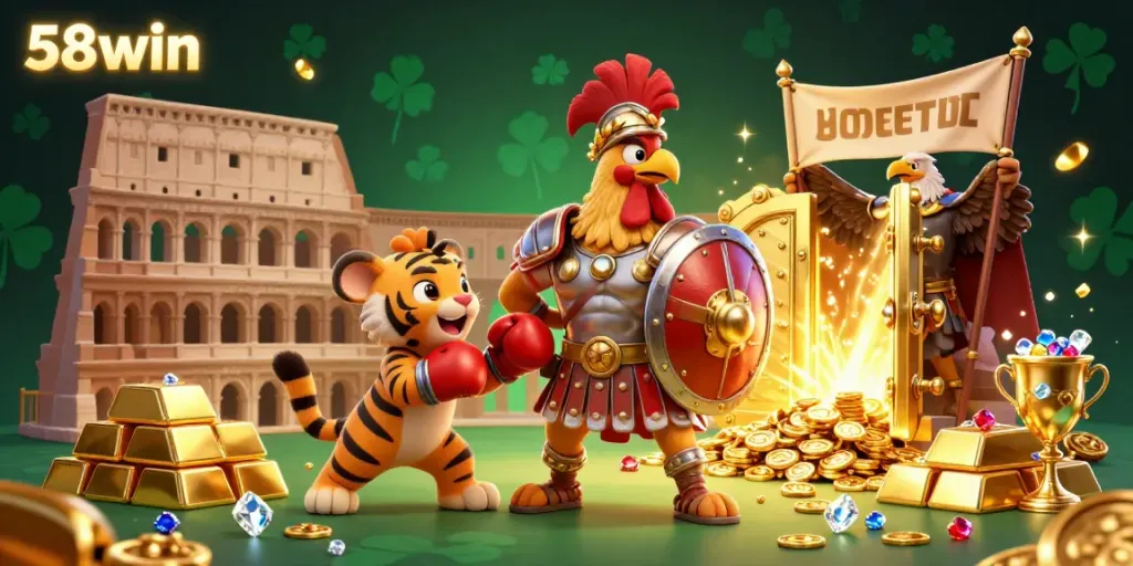 Engage in thrilling gameplay with the fierce 58win gladiator rooster, sparring cub, and sparkly treasures.