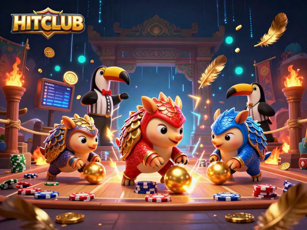 Hitclub pangolins bowling through poker chips in an exciting online casino scene.