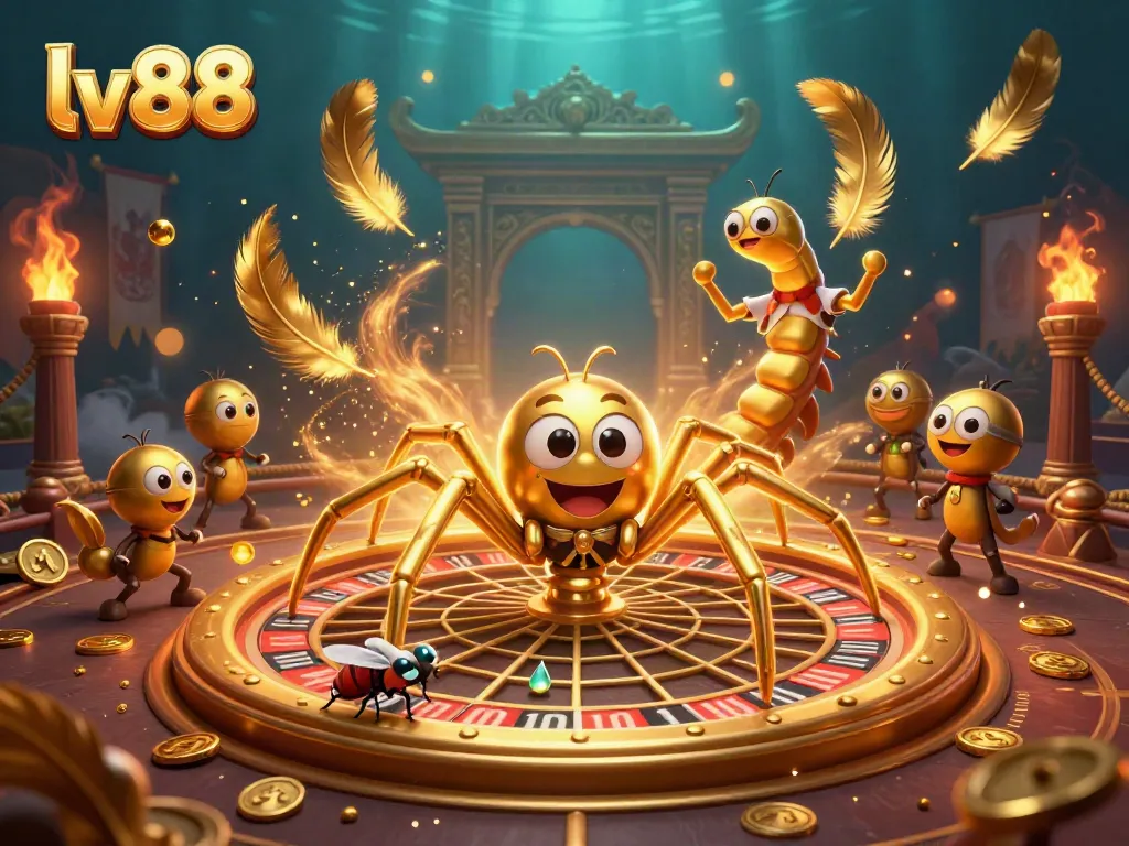 Place bets at lv88 with a golden spider spinning a roulette wheel web in vibrant 3D