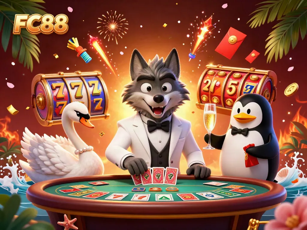 Experience thrilling slots at FC88 with a debonair wolf, elegant swan, and a sophisticated penguin.